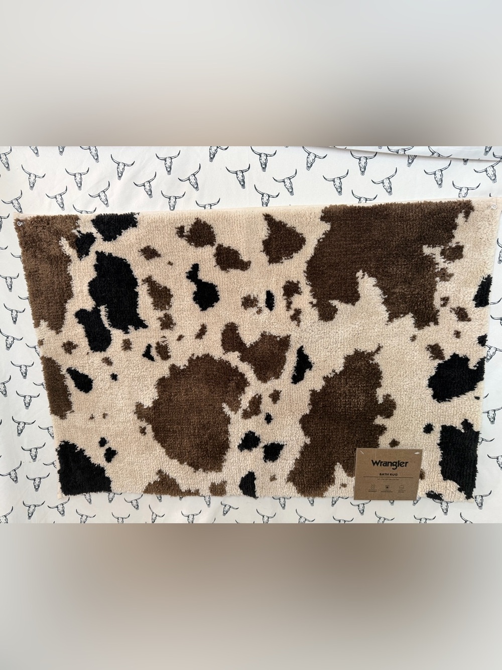 Wrangler Cowhide-Pattern Bath Mat in Brown, Black & Cream